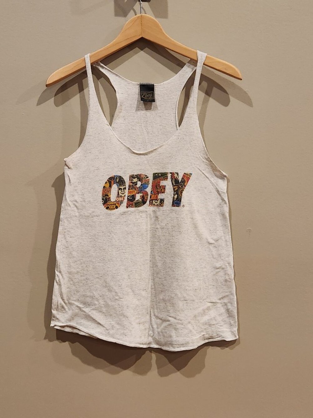 OBEY Small Gray Graphic Tank Top Vintage Style Collage Print Vintage